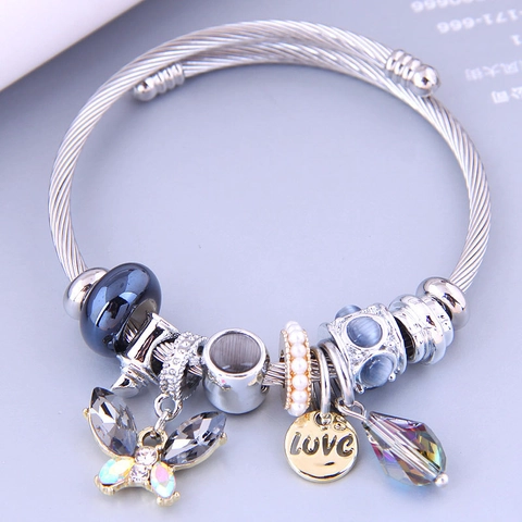 Vlinder Hanger Bedelarmband Roestvrij Staal Legering Strass Synthetische Kunstparel Gedraaide Kabeldraad Verstelbare Open Bangle