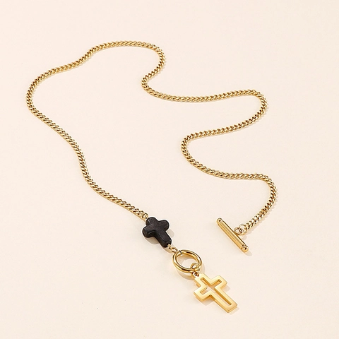 Collar Colgante Cruz Acero Inoxidable Cierre De Palanca Cadena De Eslabones Negro Mate Oro Hueco Religioso Moda Mujeres