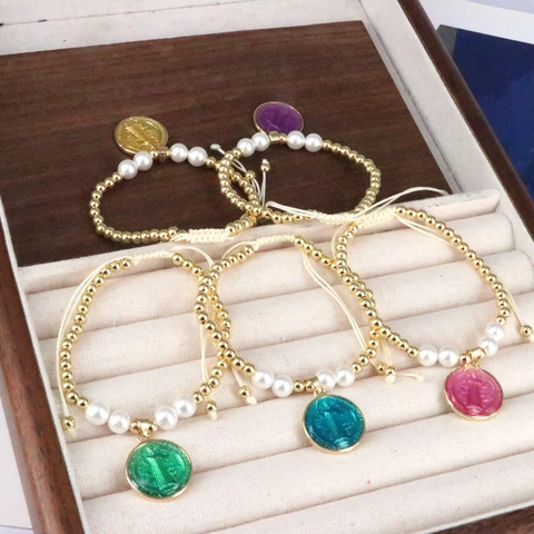 Bracciale Intrecciato a Mano Boemo Perline di Rame Perla Artificiale Medaglia Religiosa San Benedetto Gioielli Regolabili da Donna