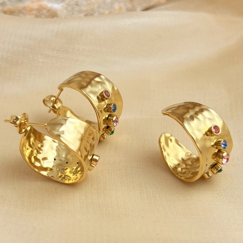 Retro Stainless Steel Jewelry Hammered Texture Colored Zircon Hoop Earrings 925 Sterling Silver Earring Post Adjustable Ring