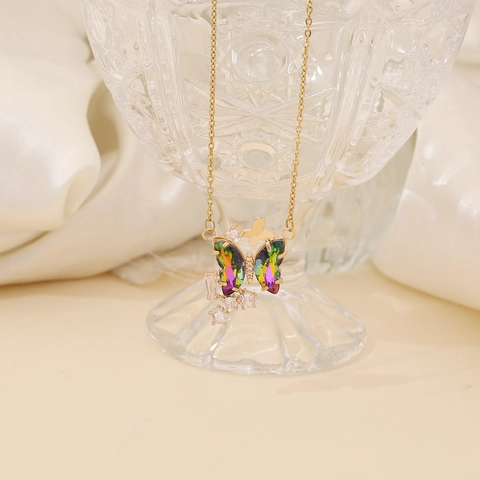 Collana Con Ciondolo A Farfalla Acciaio Inossidabile Rame Con Cristallo Di Vetro Sfumato E Strass Moda Donna Gioielli