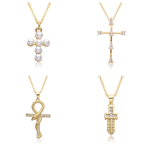 Collana Con Pendente A Croce In Rame Con Zirconia Perla Artificial Serpente Minimalista Placcata Oro Gioielli Per Donna