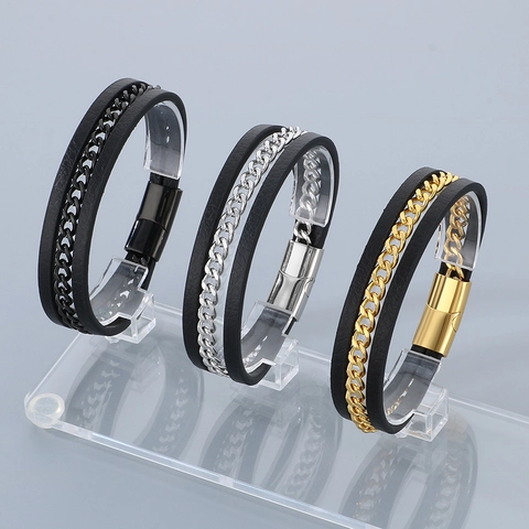 Bracciale Da Uomo In Pelle Microfibra Intrecciata Con Catena In Acciaio Inossidabile Chiusura Magnetica