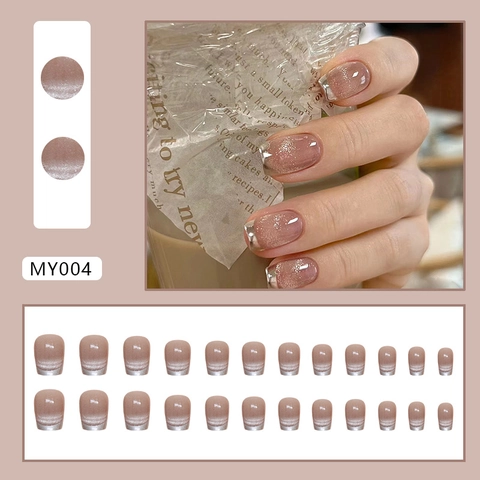 French Tip Cat Eye Press On Nails Square Round Shape Pink Silver Elegant Glossy Full Cover Artificial False Nails Women