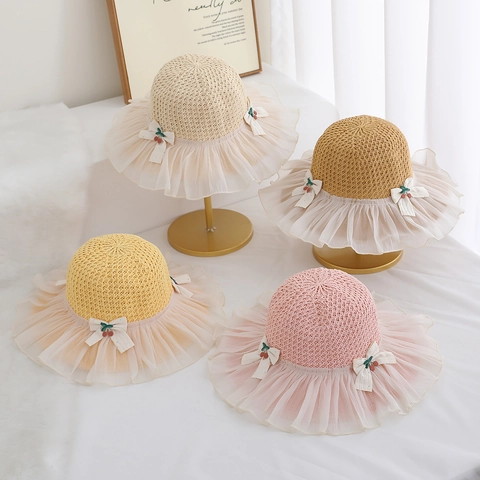 Cappello Di Paglia Estivo Per Ragazze Protezione Solare Con Tesa A Volant In Chiffon Fiocco Ciliegia Principessa Spiaggia