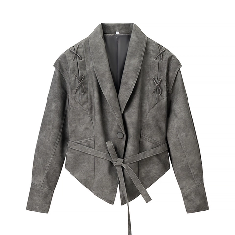 Dames Jasje Van Imitatiesuède Vintage Vetersluiting Schouder Riem Casual Lange Mouwen Bovenkleding Grijs