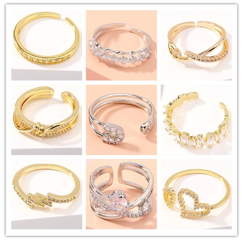 Open Adjustable Rings Women Copper Micro Paved Zircon Safety Pin Lightning Heart Geometric Simple Style Jewelry Accessory