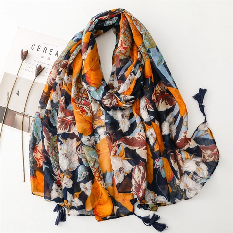Tropical Pineapple Floral Print Scarf Polyester Voile Lightweight Tassel Shawl Sun Protection Summer Beach For Women