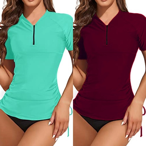 Women Short Sleeve Rash Guard Swim Top Zipper Front Ruched Side Drawstring Solid Color Surfing Shirt