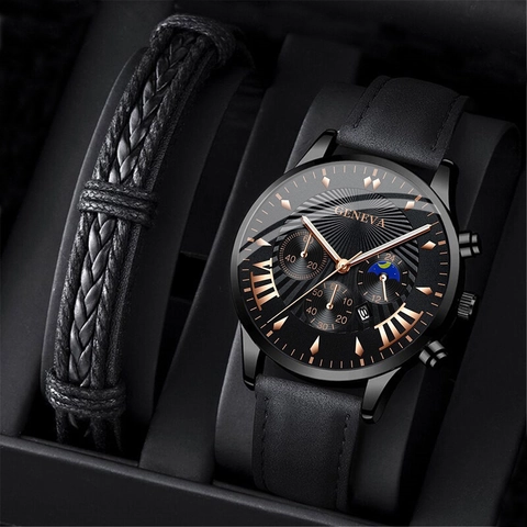 Men's Fashion Quartz Watch Leather Bracelet Set Business Casual Wristwatch For Men Simple Roman Numeral Dial Gift Set