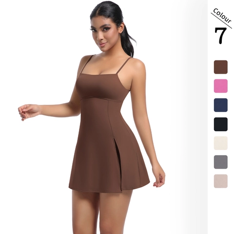 Women Tennis Dress Spaghetti Straps Open Back Breathable Workout Mini Dress For Golf Yoga With Inner Shorts