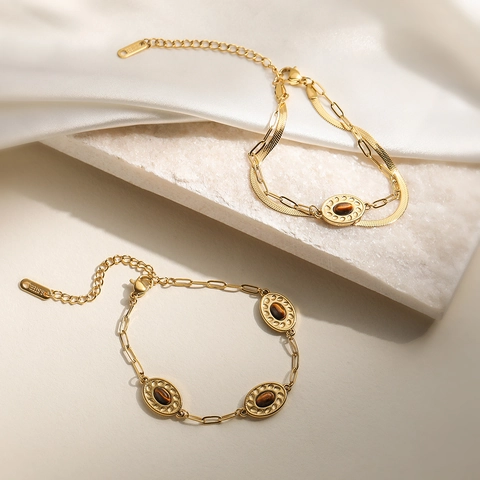 Vintage Tiger Eye Stone Bracelet Stainless Steel Gold Plated Oval Gemstone Double Layer Paperclip Chain For Women