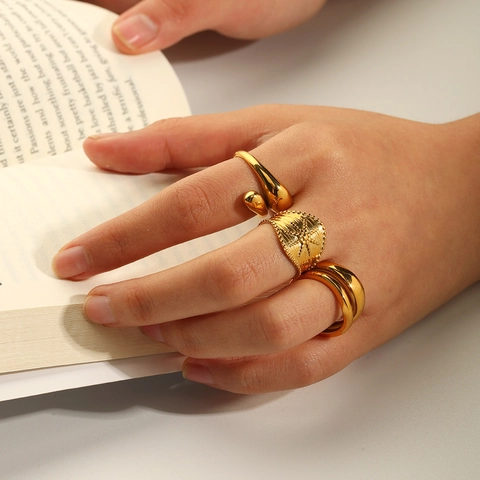 Anelli Geometrici Regolabili Acciaio Inossidabile Placcato Oro 18K Aperto Texturizzato Irregolare Gioielli Moda Donna