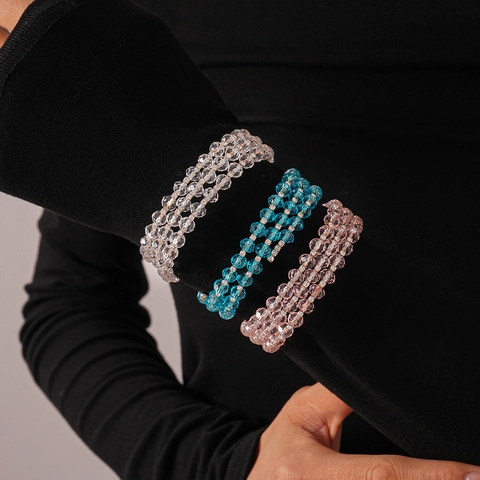 Multi-Layer Glass Beaded Bracelet With Copper Rhinestone Spacers Faceted Bohemian Style Elegant Jewelry For Women