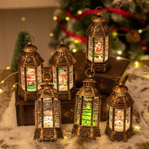 Christmas Snow Globe Lantern Retro Antique Bronze LED Light Glitter Water Swirling Desktop Decoration Holiday Gift