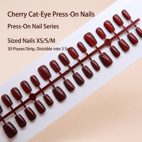 Cherry Red Cat Eye Press On Nails Glossy Ballet Shape Detachable Artificial Fingernails For Women