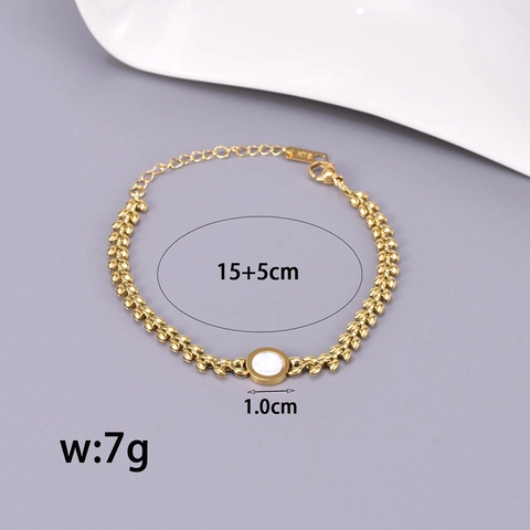 Pulsera de Acero de Titanio Chapado en Oro de 18K Nácar Blanco para Mujer Minimalista Corazón Redondo Cadena de Hojas Joyería Elegante