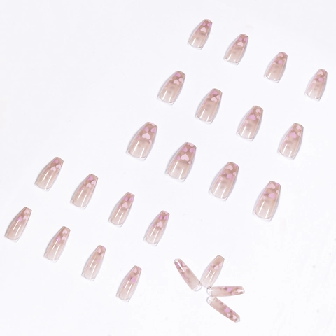 Lange Sargform Aufpressnägel Rosa Lila Herzmuster Glänzend Abnehmbare Künstliche Nägel Für Frauen Mädchen Süßer Stil