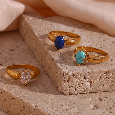 Minimalistischer 18K Vergoldeter Edelstahl Blütenblatt Ring Mit Zirkon Lapislazuli Türkis Für Damen Vintage Schmuck Geschenk