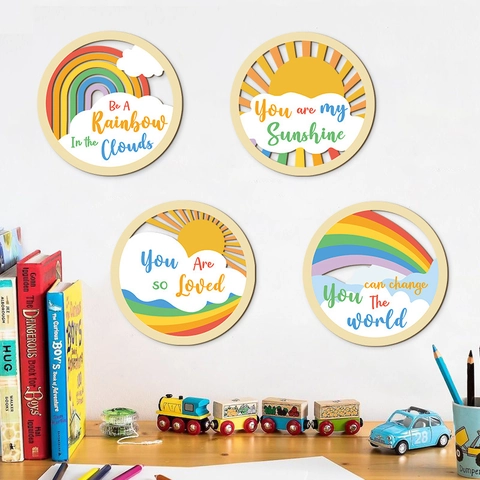 Runde Wandplaketten Aus Holz Regenbogen Sonne Wolke Lasergeschnitten Kinderzimmer Deko Motivierende Sprüche Kinder