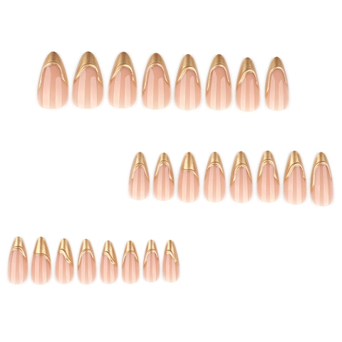 Ongles À Presser Amande Bord Doré Français Rose Nude Métallique 3D Élégant Luxe Brillant Longs Faux Ongles