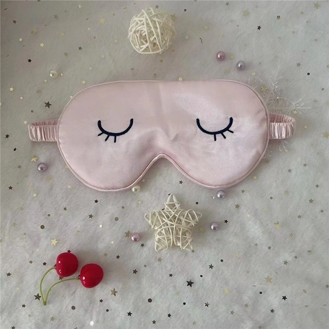 Simulation Satin Sleeping Eye Mask Eyelash Embroidery Breathable Light Blocking Blindfold And Pouch For Travel Sleep