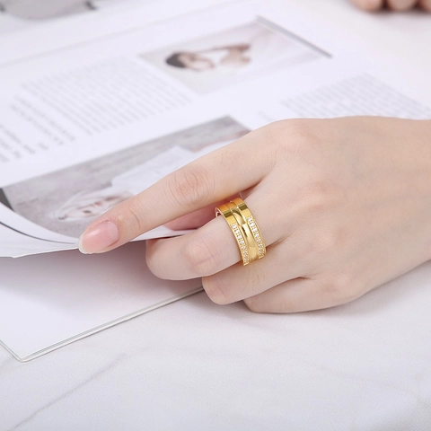 Luxury Pave Zirconia Ring Gold Plated Stainless Steel Wide Band Fashion Jewelry For Women