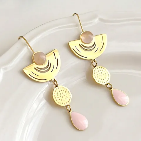 Boucles D'oreilles Pendantes Géométriques En Acier Inoxydable Cristal Emaille Doré Inaltérable Style Vintage Bijoux Pour Femmes