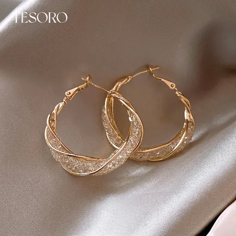 Orecchini A Cerchio Intrecciati Con Perno In Argento Sterling 925 Rame Placcato Oro Mesh Zircone Per Donna