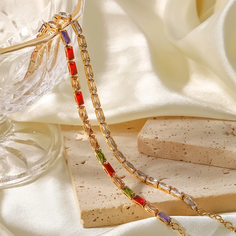 18K Gold Plated Stainless Steel Tennis Bracelet For Women Square Clear Colorful Cubic Zirconia Elegant Adjustable Jewelry
