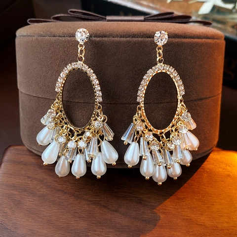 Vintage French Style Tassel Drop Earrings With Oval Rhinestone Faux Artificial Pearl Crystal And 925 Sterling Silver Earring Post