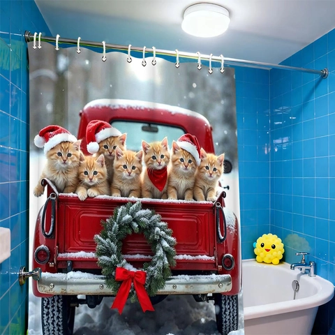 Christmas Shower Curtain Waterproof Polyester Red Truck Cute Cats Dogs Winter Snow Holiday Bathroom Decor Hooks