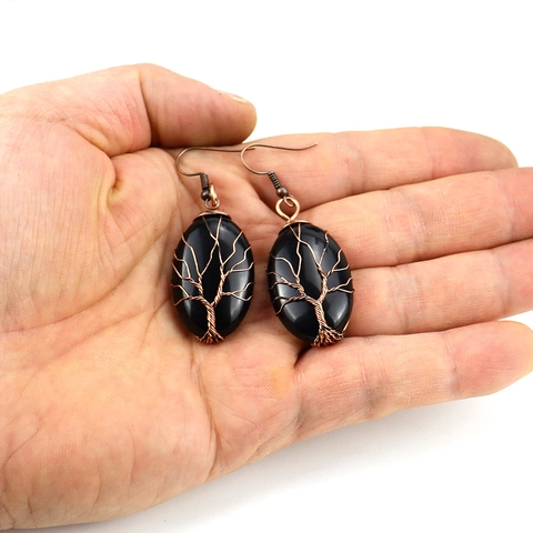Tree Of Life Dangle Earrings Handmade Antique Copper Wire Wrapped Natural Stone Bohemian Retro Ethnic Style For Women