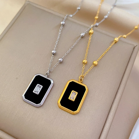 Collar Colgante Acero Inoxidable Rectángulo Geométrico Incrustación Zircón Negro Cadena Bolas Joyería Minimalista Mujer