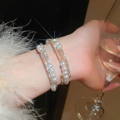 Bracciale Rigido Aperto Multistrato Strass Lega Di Rame Ciondolo Cuore Stella Gioielli Eleganti Da Donna