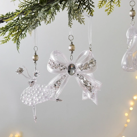 Acrylic Christmas Tree Hanging Ornaments Glitter Snowflake Bow Ballerina Swan Reindeer Star Iridescent Holiday Decor