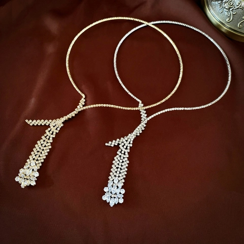 Elegant Wheat Ear Tassel Necklace Sparkling Rhinestone Zircon Alloy Long Choker For Women Party Fashion Jewelry