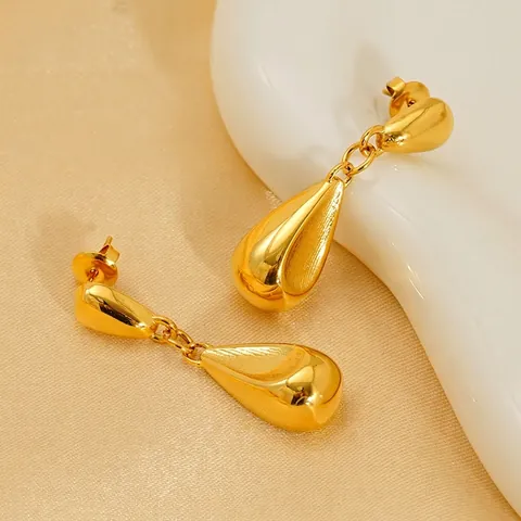 Französische Vintage Wassertropfen Ohrhänger Edelstahl 18K Vergoldet Glatt Hohl Birnenform Schmuck Für Damen