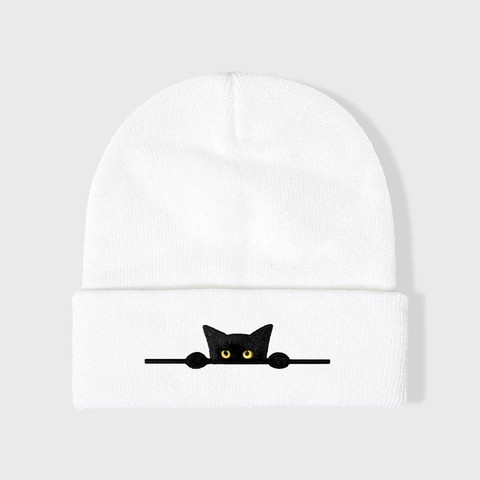 Knitted Beanie Hat Acrylic Cartoon Cat Embroidery Folded Cuff Warm Winter Autumn Outdoor Casual Unisex Style