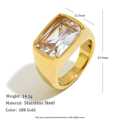 Anillo De Acero Inoxidable Chapado En Oro De 18K Circonita Cuadrada Minimalista Geométrico Banda Ancha Mujeres