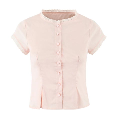 Blusa Donna Maniche Corte Cotone Girocollo Bordo Pizzo Bottoni Vestibilità Aderente Rosa
