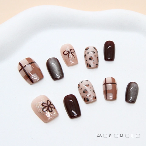Uñas Postizas Press On Retro Cuadros Leopardo Ojo De Gato Brillo Flores Lazo Corto Cuadrado Redondo Plástico ABS
