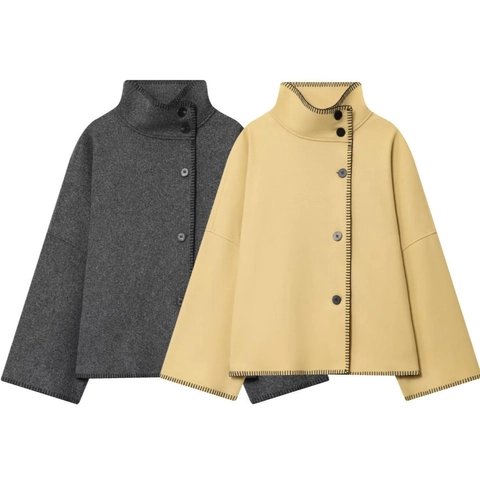 Giacca Corta Da Donna Collo Alto Monopetto Punto Sopraggitto A Contrasto Maniche Lunghe Cappotto Minimalista