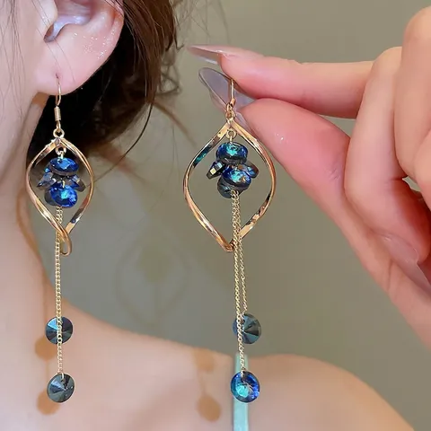 Twisted Geometric Crystal Tassel Ear Hook Earrings Vintage Court Style Long Drop Dangle Jewelry For Women