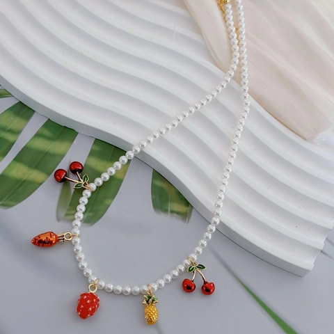 Handmade Artificial Pearl Necklace For Women Cute Fruit Pendants Pineapple Strawberry Cherry Carrot Colorful Charm Jewelry