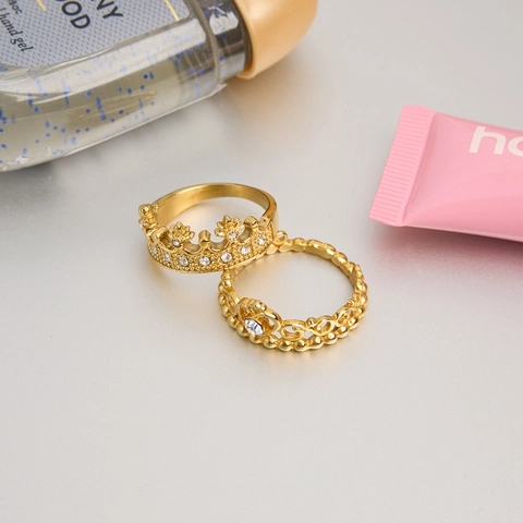 Stainless Steel Crown Rings 18K Gold Plated With Zircon Rhinestone Retro Court Style Finger Jewelry For Women Waterproof