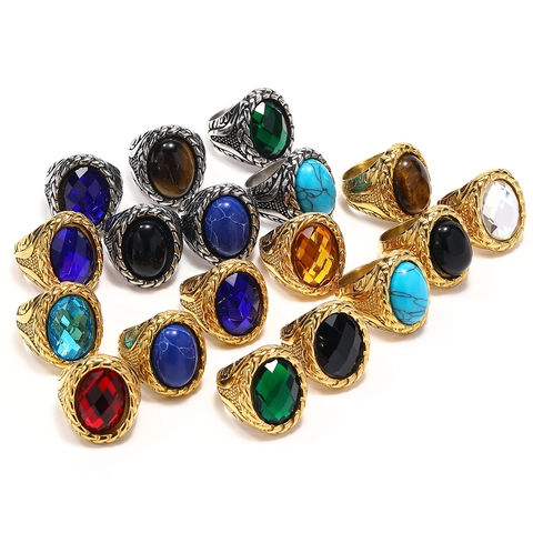 Vintage Men Stainless Steel Ring Large Oval Gemstone Woven Braided Texture Boho Punk Gothic Signet Jewelry Gift