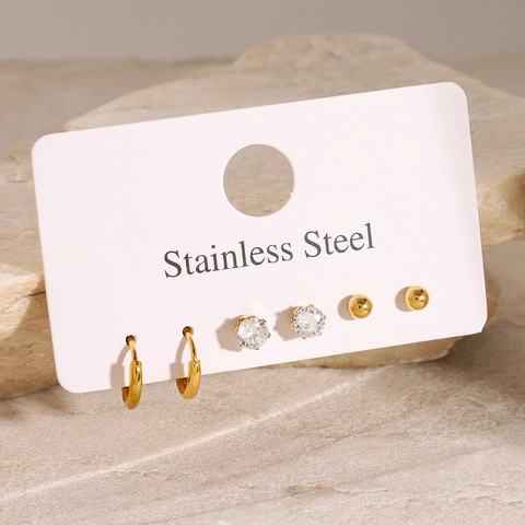 Minimalistische Edelstahl 18K Vergoldete Stecker Reifen Ohrringe Set Mit Strass Und Rundperle Für Damen Mode Schmuck