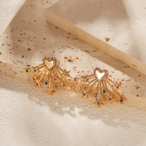 Pendientes De Corazón Estrella Mujer Circonita Colores Cobre Bañado Oro 18K Poste Plata 925 Sterling