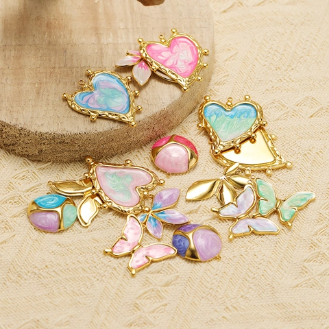 Dijes De Acero Inoxidable Chapado En Oro Esmalte Degradado Mariposa Corazón Hoja Colgantes Para Joyas DIY